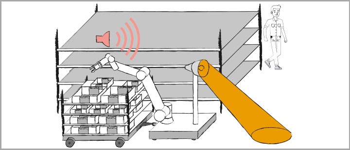 Ein Roboter macht durch akustische und visuelle Signale auf sich aufmerksam.