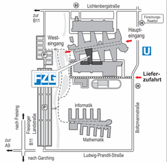Karte Campus Garching TU München - Lage der FZG in Hof 5 des Maschinenwesengebäudes