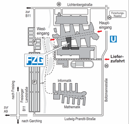 Karte Campus Garching TU München - Lage der FZG in Hof 5 des Maschinenwesengebäudes