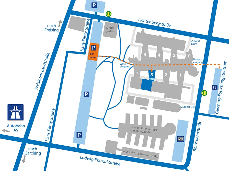 Anfahrtsskizze zum Lehrstuhl fml im Gebäude 5 der Fakultät Maschinenwesen 